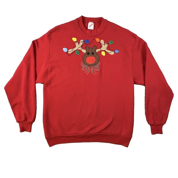 Jerzees Other - VTG Jerzees Unisex L Red Christmas Reindeer Lights‎ Applique Sweatshirt USA